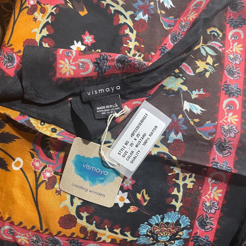 Vismaya Rhapsody‎ Scarf Mustard Floral Print Silk Blend Square